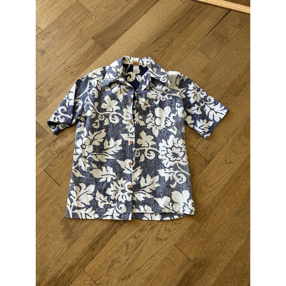 True Vtg Jantzen Floral Print Linen Hawaiian shirt Blue EUC 70’s Med